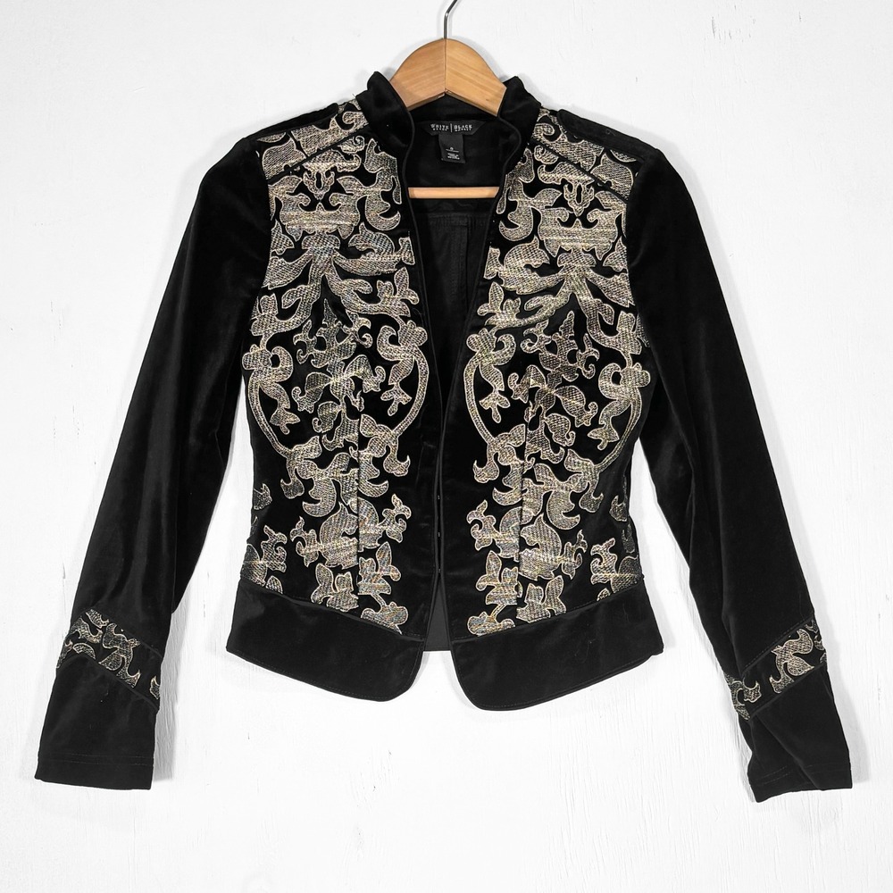 White House Black Market Black Velvet Embroidered Jacket Womens 0 Bolero Boho